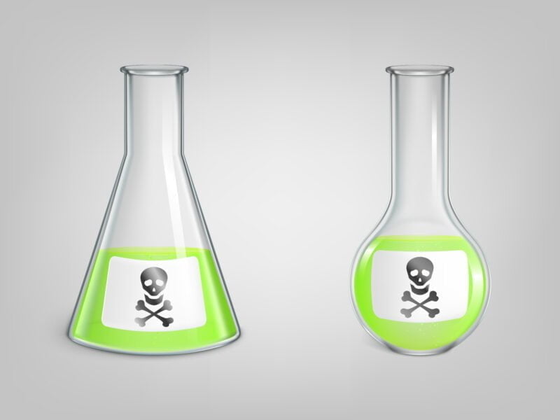Flasks with poison and skull with bones danger sign on label set. Magic potion, chemical green toxic liquid in lab spherical and conical beakers with Jolly Roger icon. Realistic 3d vector illustration